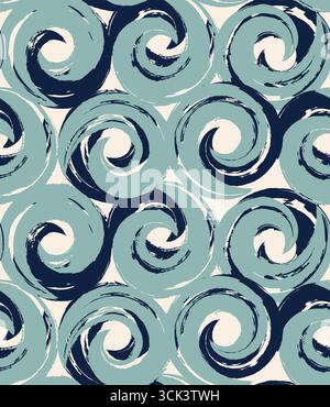 Blue curl water seamless pattern. Grunge texture vector illustration. Whirlpool repeat pattern. Stock Vector