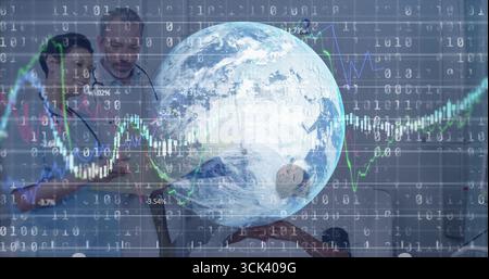 Semi-transparent 3D globe rotating in sleek office space, with floating binary code and line charts Stock Photo
