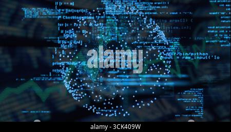 Streaming holographic globe and code fragments in dashboard, showing data clusters and green graph Stock Photo