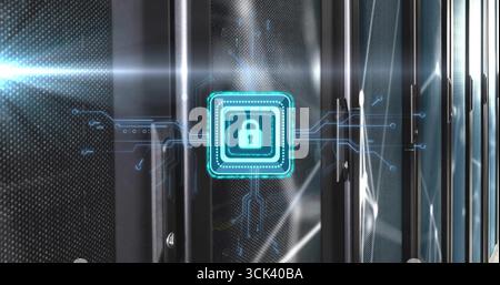 Projecting blue padlock icon sending circuit lines over server racks with LED lights at data center Stock Photo