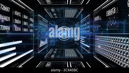 Displaying central circular interface rotating inside data tunnel, with holographic data panels Stock Photo