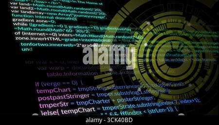 Glowing circular HUD overlaying dark code screen with color-coded syntax lines, copy space Stock Photo