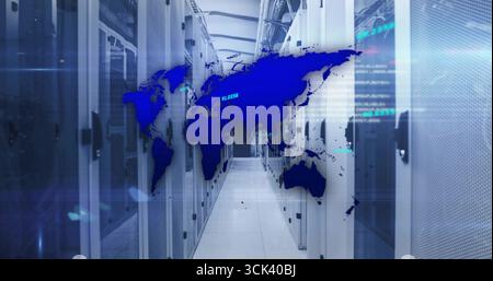 Showing data center corridor featuring digital world map overlay, with server racks blinking LEDs Stock Photo