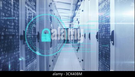 Displaying central data center corridor showing holographic lock icon, with server racks and cables Stock Photo