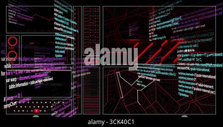 Multipanel interface displaying code, charts, wireframe map and red network grid on tech console Stock Photo