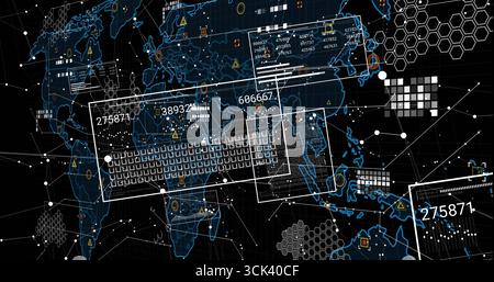 Displaying digital world map overlaying interface, with data panels, hex grid, warning icons Stock Photo