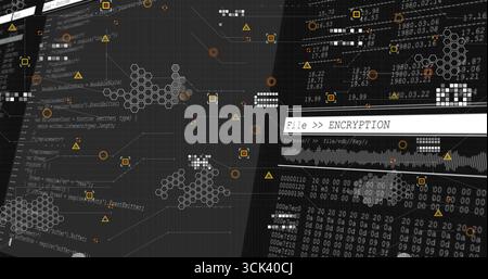 Displaying File  ENCRYPTION interface on console with UI and data flows, waveform and file path Stock Photo