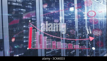 Displaying red-pink bar chart over server racks at data center with blinking LEDs, virus icons Stock Photo