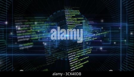 Pulsing code sphere hovering in cyberspace, with UI panels, radial grid lines and blue light flare Stock Photo