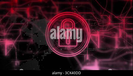 Displaying pink padlock icon glowing in virtual security interface with map and network connections Stock Photo