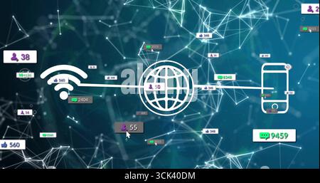 Floating Wi-Fi globe and smartphone icons linked by lines in digital mesh, showing badge numbers Stock Photo