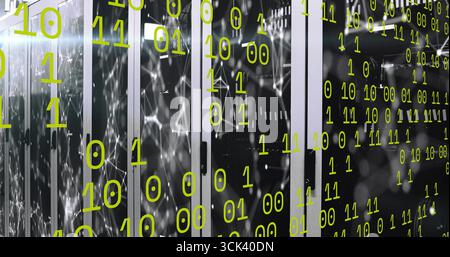 Glowing server cabinets displaying network graphic in data center room, with binary code overlay Stock Photo