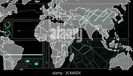 Futuristic map showing continents with green overlay on digital HUD, featuring dials and charts Stock Photo