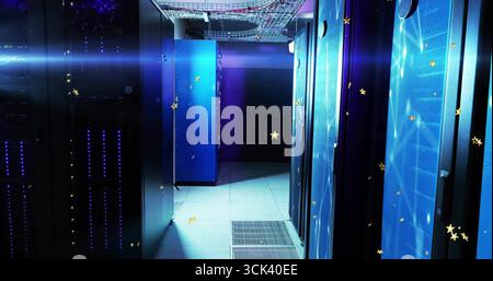 Displaying walkway stretching through data center aisle, with server racks, LEDs and cable trays Stock Photo