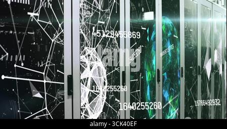 Displaying server racks with glass doors projecting network overlays in data center, showing codes Stock Photo