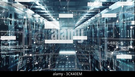 Displaying server racks lining data center corridor, with LED panels, network cables and overlays Stock Photo
