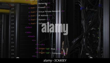 Displaying server rack hosting cables, RJ45 connectors in data center with HTML overlay, LED lights Stock Photo