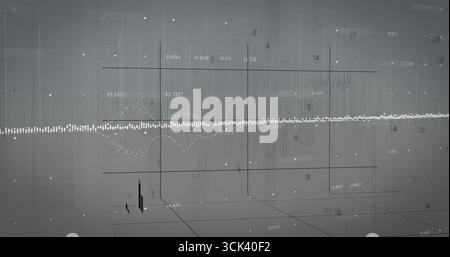 Displaying horizontal dotted waveform line spanning grid plane, with numeric labels and particles Stock Photo