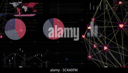 Displaying UI showing world map, pie charts, candlestick chart, bars and network nodes, copy space Stock Photo