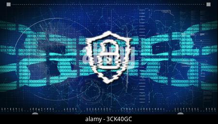 Displaying pixelated white shield icon with keyhole protecting digital network, with binary streams Stock Photo