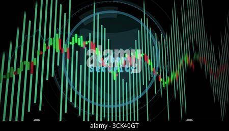 Displaying central Cyber Security interface on screen, featuring candlestick, green bars, gridlines Stock Photo