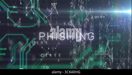 Displaying PHISHING text on cyber backdrop, green circuit, node network, binary digits, lens flare Stock Photo
