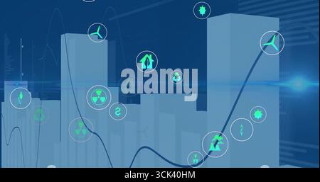 Displaying digital chart tracing rising trend on virtual dashboard, with 3D bars and floating icons Stock Photo