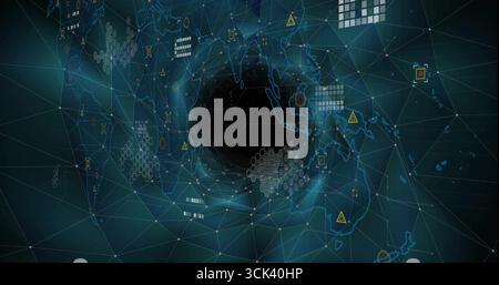 Swirling dark vortex glowing in virtual network, featuring grid lines, continent shapes and icons Stock Photo