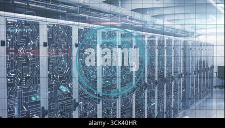 Glowing circuit-patterned server racks lining data center, with glass walls, office chair Stock Photo