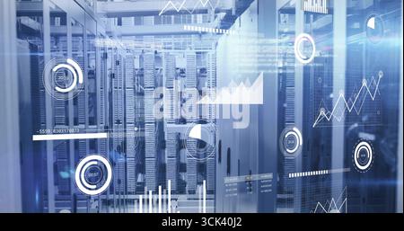 Showing server rack cluster displaying digital analytics at data center, with switches and cabling Stock Photo
