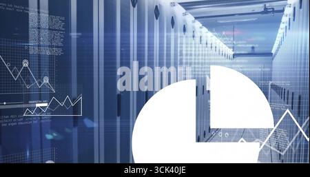 Illuminating server racks blinking LEDs and cables in data center aisle, overlaying digital charts Stock Photo