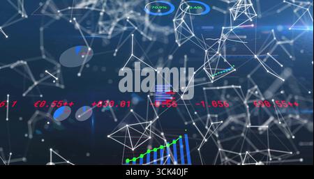 Displaying network linking white nodes with glowing wireframe in interface with pie and bar charts Stock Photo