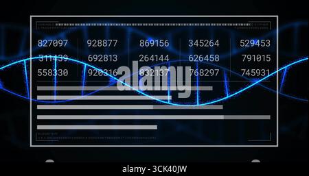 Displaying interface showing code grid, progress bars and labels at console with glowing blue helix Stock Photo