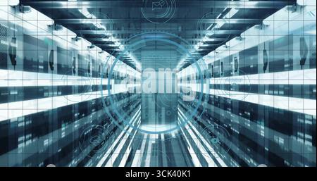 Showing central server corridor inside secure data center, with LED racks, cables, HUD overlays Stock Photo