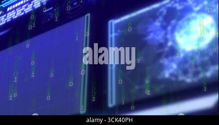 Displaying two digital panels streaming binary code in cyber command center, with globe view Stock Photo