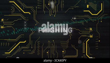 Displaying PHISHING glowing on dark cyber backdrop, with yellow circuit traces and teal-green code Stock Photo