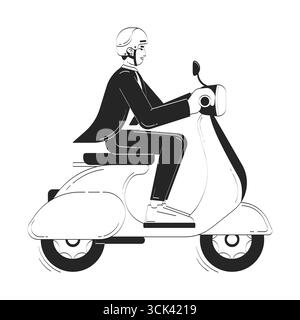 Male commuter riding motor scooter to work doodle lineart illustration Stock Vector