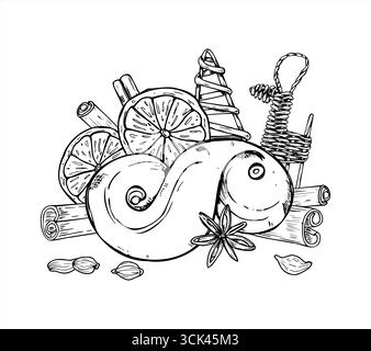 New Year ingredients and decor for bakery, mulled wine in Scandinavian style vector outline illustration. Swedish saffron bun, dried orange slices Stock Vector