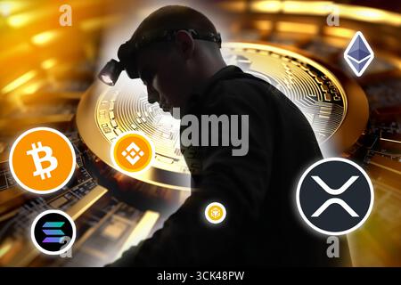 a man, a trader, with a focus on a Bitcoin coin and a professional and an elegant design. Bitcoin trader stock market crash. cryptocurrency financial Stock Photo