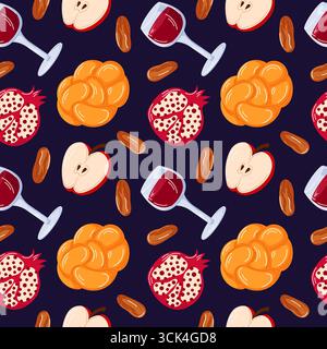 Seamless pattern with challah bread, apple, pomegranate, dates and wine glass symbolizing traditional foods for jewish holiday rosh hashanah on dark Stock Vector