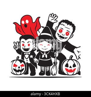 Fun Halloween cartoon illustration featuring a friendly vampire, witch, Frankenstein, and ghost with smiling jack-o’-lantern pumpkins. The characters Stock Vector
