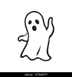 Black and white outline drawing of a cute cartoon ghost with a spooky face, perfect for Halloween themes, icons, or festive designs. Stock Vector