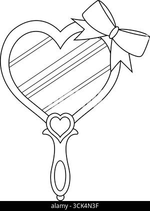 Outlined Cartoon Princess Mirror With Ribbon. Vector Hand Drawn Illustration Isolated On Transparent Background Stock Vector