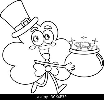 Outlined St. Patrick's Clover Leaf Cartoon Character Running With A Pot Full Of Gold Coins. Vector Hand Drawn Illustration Stock Vector