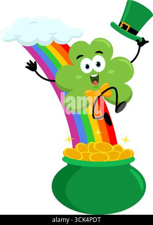 St. Patrick's Clover Leaf Cartoon Character Riding A Rainbow To The Top Of A Pot Of Gold. Vector Illustration Flat Design Stock Vector