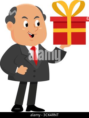 Happy Business Boss Man Cartoon Character Holding Gift Box. Vector Illustration Flat Design Isolated On Transparent Background Stock Vector