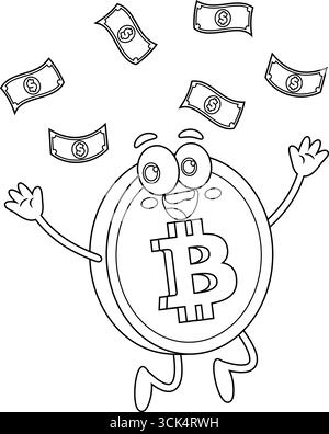 Outlined Bitcoin Cartoon Character Tossing Money Up In The Air. Vector Hand Drawn Illustration Isolated On Transparent Background Stock Vector