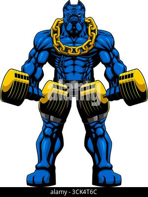 Muscular Blue PitBull Bodybuilder Mascot Doing Exercise With Dumbbells. Vector Hand Drawn Illustration Isolated On Transparent Background Stock Vector