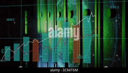 Presenting data visualization overlaying grid over green-lit racks, showing bars and line graphs Stock Photo