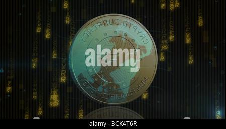 Floating Crypto NFT coin hovering above dark grid mirroring on floor, cascading currency symbols Stock Photo